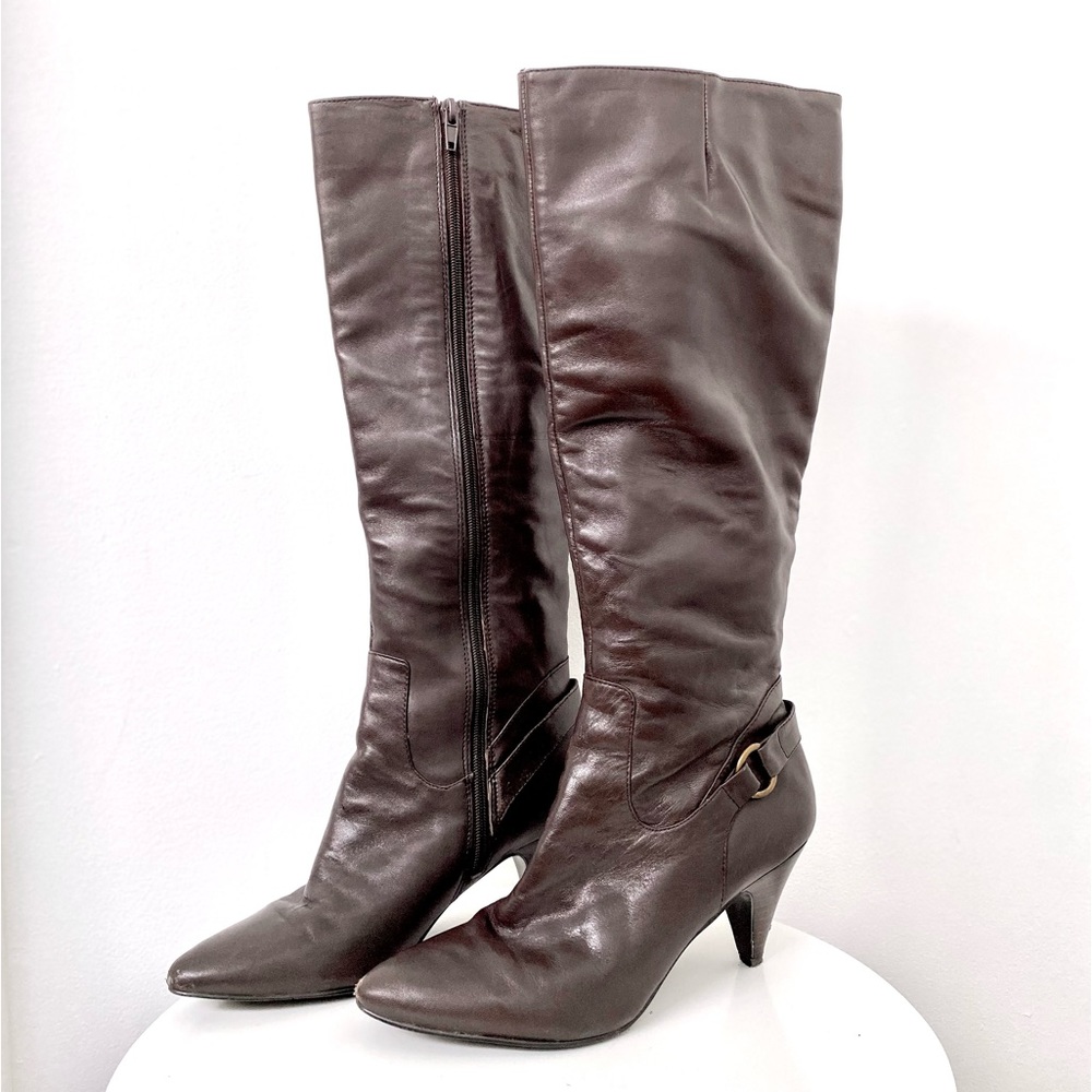 Nine West Brown Leather Buckle Heel Boots 7 M